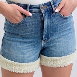 Judy Blue Full Size Hw Tummy‎ Control Shearling Cuff Denim Shorts Plus Size